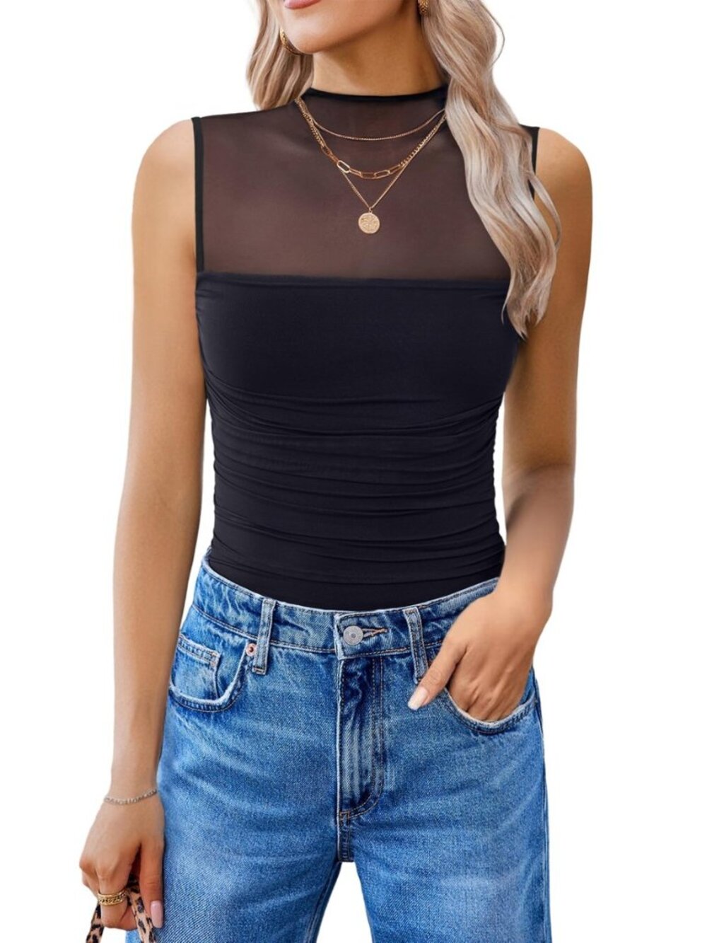 Women's Mock Neck Mesh Bodysuit Ruched Tank Body Suits Top Sheer One Piece Going
